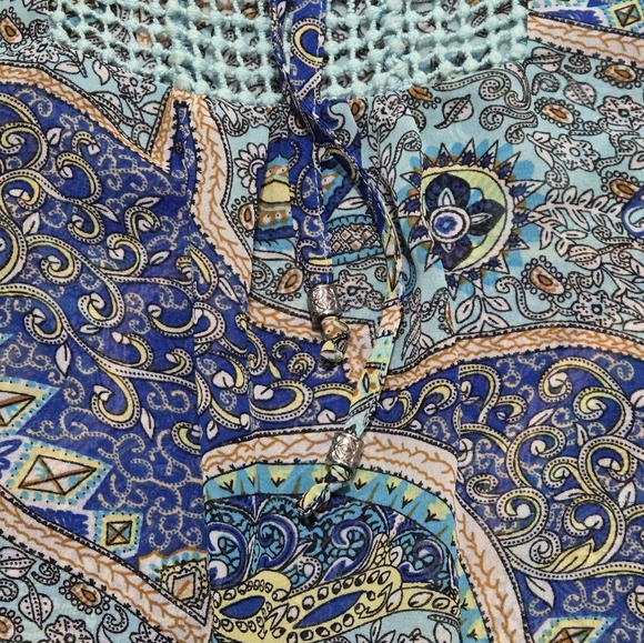 DANIEL RAINN Blue Boho Style Short Cap Sleeve Sheer Blouse Crochet Lace Size 1X - Picture 10 of 10